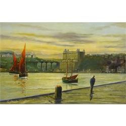  Robert Sheader (British 20th century): Grand Hotel and Spa Bridge from the West Pier Scarborough, oil on board signed 39cm x 59cm  