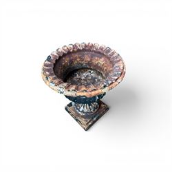 Circle of Coalbrookdale - 19th century cast iron and black painted campana shape urn with flared and scalloped rim, gadrooned underbelly on stepped square base