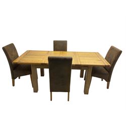 Contemporary oak extending dining table, rectangular top with canted corners on square supports, with two additional leaves (W133cm D93cm H78cm); and set four high back dining chairs, upholstered in brown faux suede (W46cm H103cm)