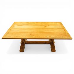 Baker Furniture - 'Baluster' range mango wood dining suite, comprising a refectory dining table raised on twin pillars with scrolled bases, with six chairs including two carvers, with gilt mounts and neutral upholstery