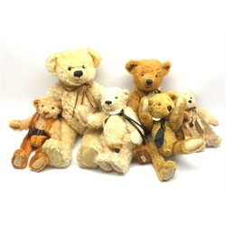 Six limited edition Deans teddy bears, each with jointed limbs and glass eyes, comprising two examples with growlers Charlie 12/100, Marco 38/200, plus Neville 57/250, Fox Talbot 76/80, Winston 18/250, and Lewis 32, three with accompanying certificate. 