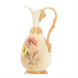 Royal Worcester ewer, decorated with poppies upon a blush ivory ground, with printed puce marks beneath, H15cm
