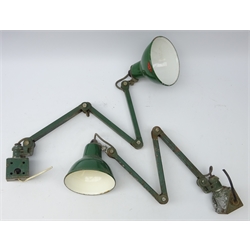  Two E.D.L green enamel Anglepoise type machinists lamps, H64cm     