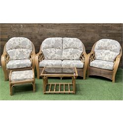  Two seat cane conservatory sofa, two armchairs, stool and coffee table - THIS LOT IS TO BE COLLECTED BY APPOINTMENT FROM DUGGLEBY STORAGE, GREAT HILL, EASTFIELD, SCARBOROUGH, YO11 3TX