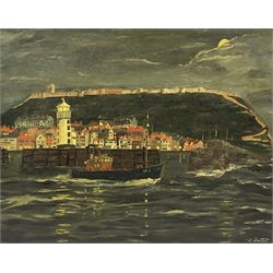 Robert Sheader (British 20th century): Trawler leaving Scarborough Harbour at Night, oil on board signed 39cm x 49cm