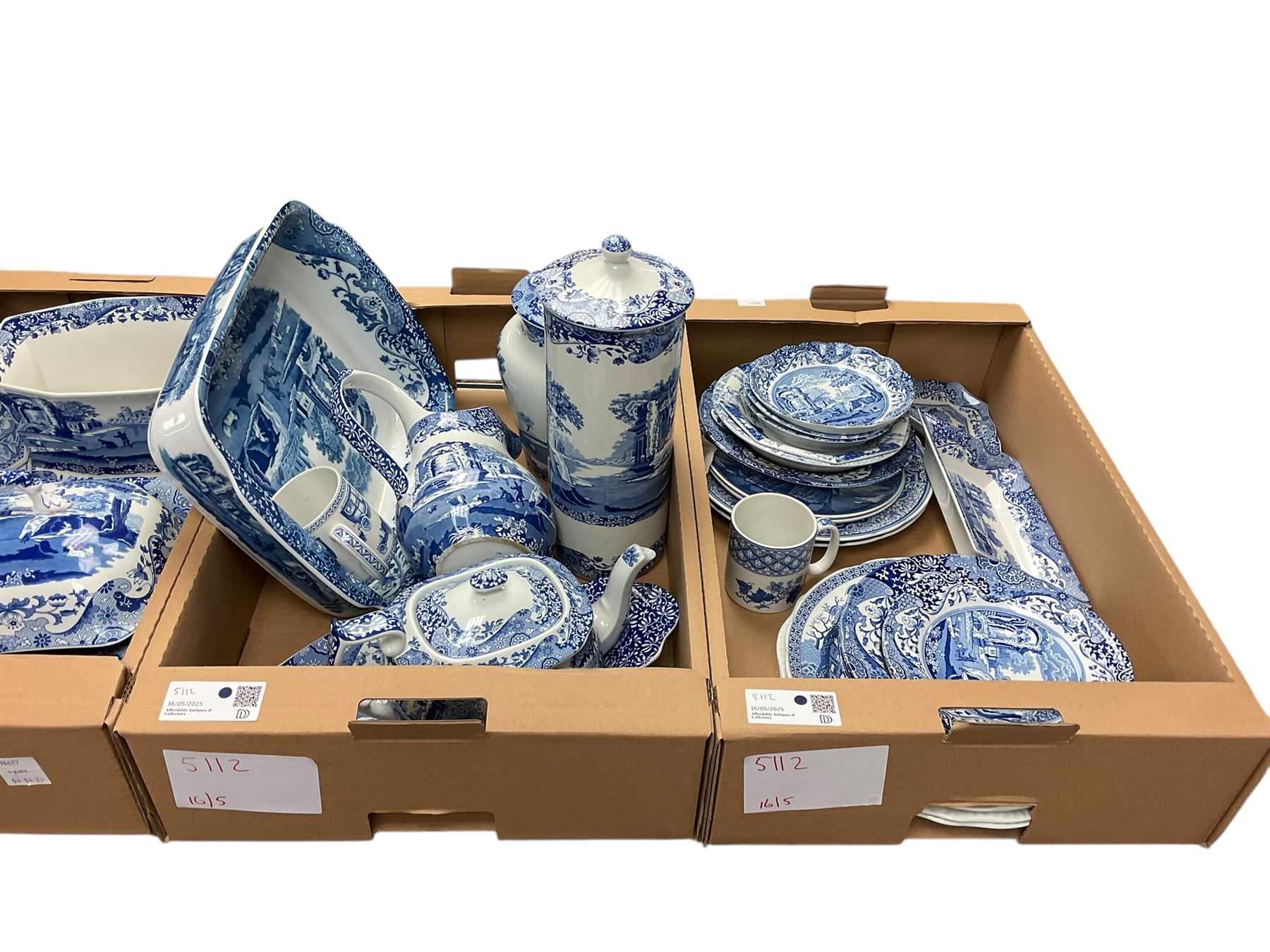 Large collection of Spode blue and white, mainly Italian pattern, including teapot, mugs,jugs, covered dishes etc in four boxes 