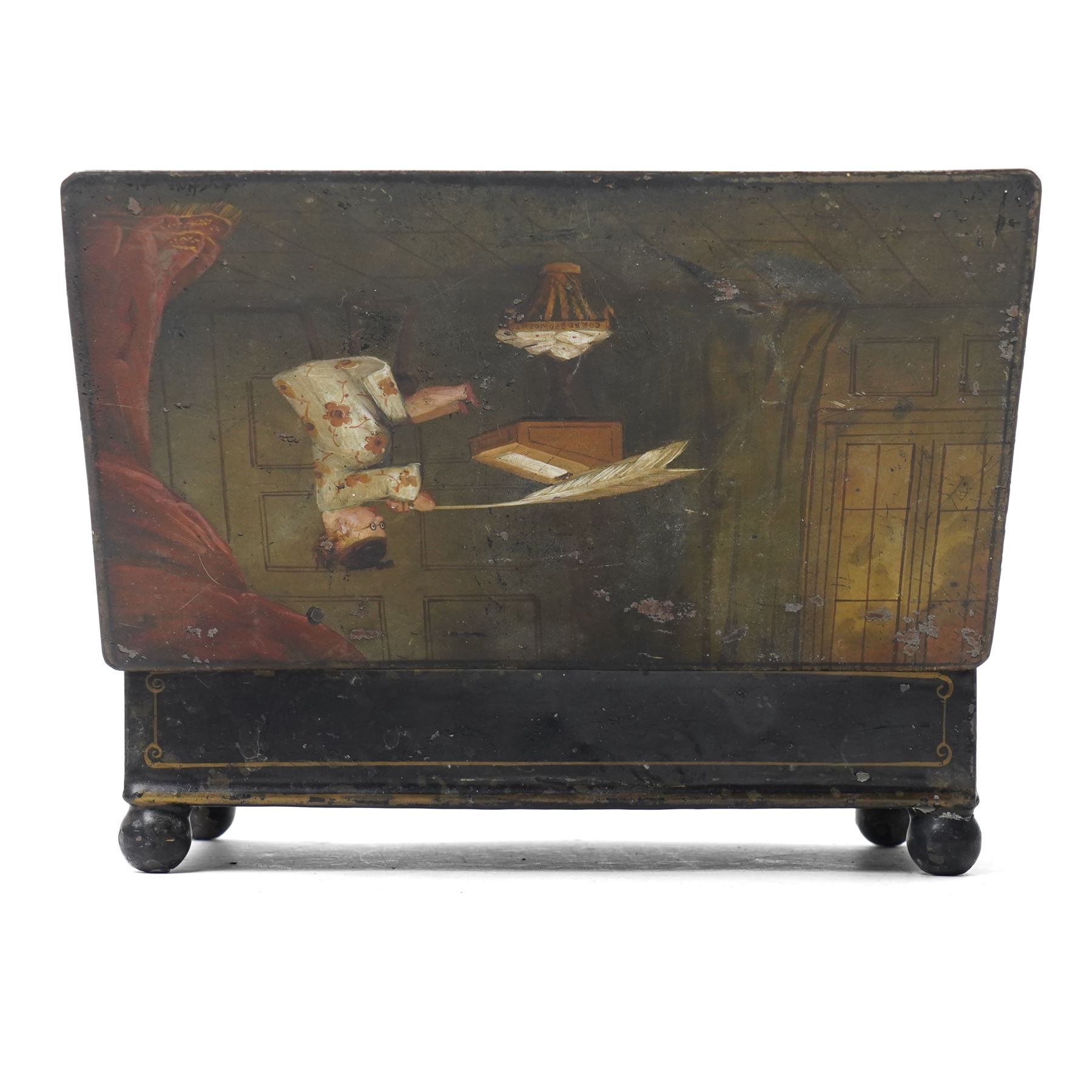 19th century toleware stationary or wafer box, possibly German, with painted cover depicting a child holding oversized quill, seated at a davenport, W20.5cm D13.5cm