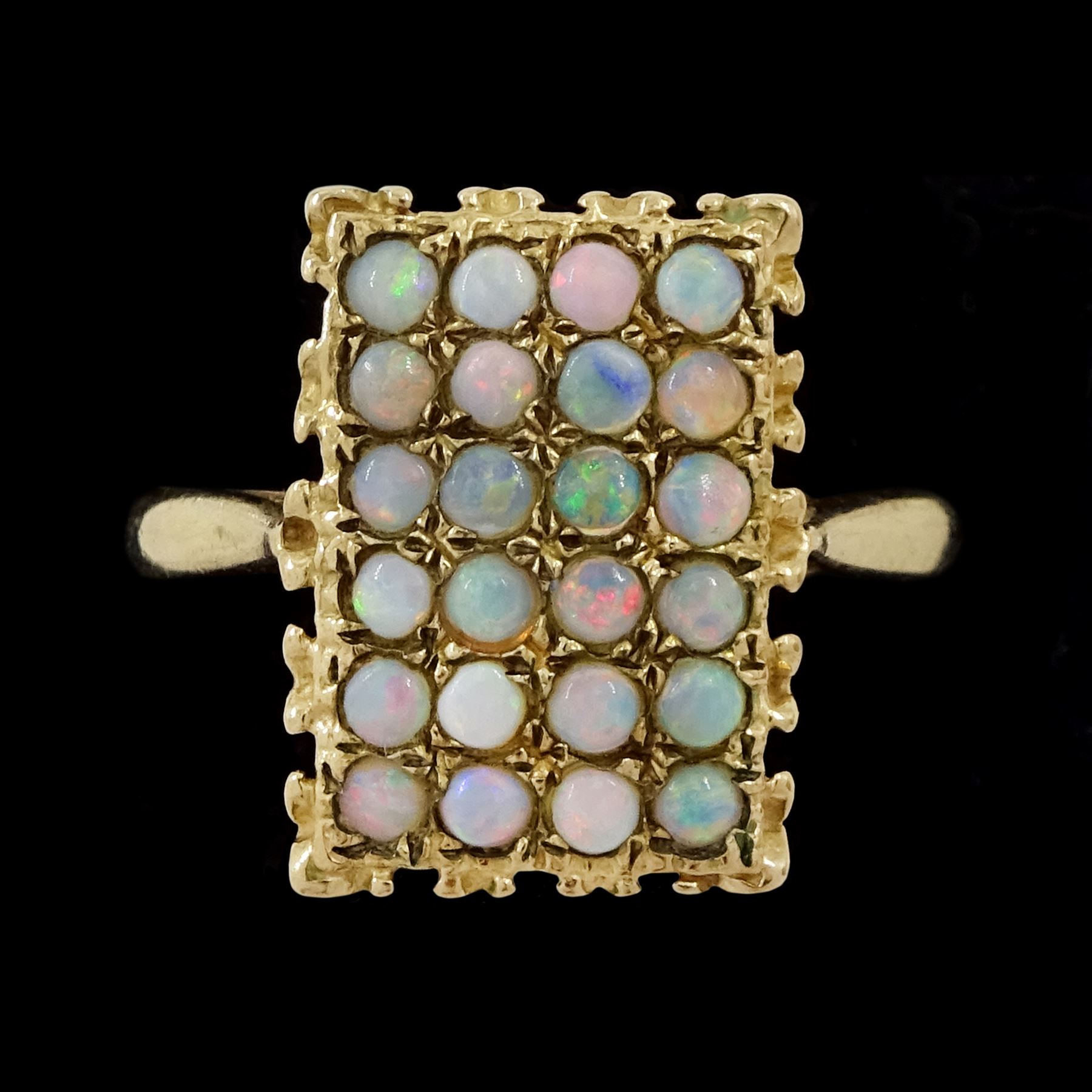 9ct gold opal panel ring, set with twenty-four opals, hallmarked