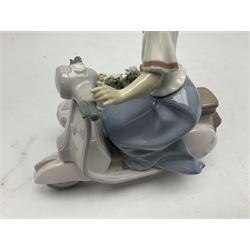 Lladro figure, Floral Getaway, modelled as a girl on a scooter with a sidecar of flowers, sculpted by Joan Coderch, no 5795, year issued 1991, year retired 1993 