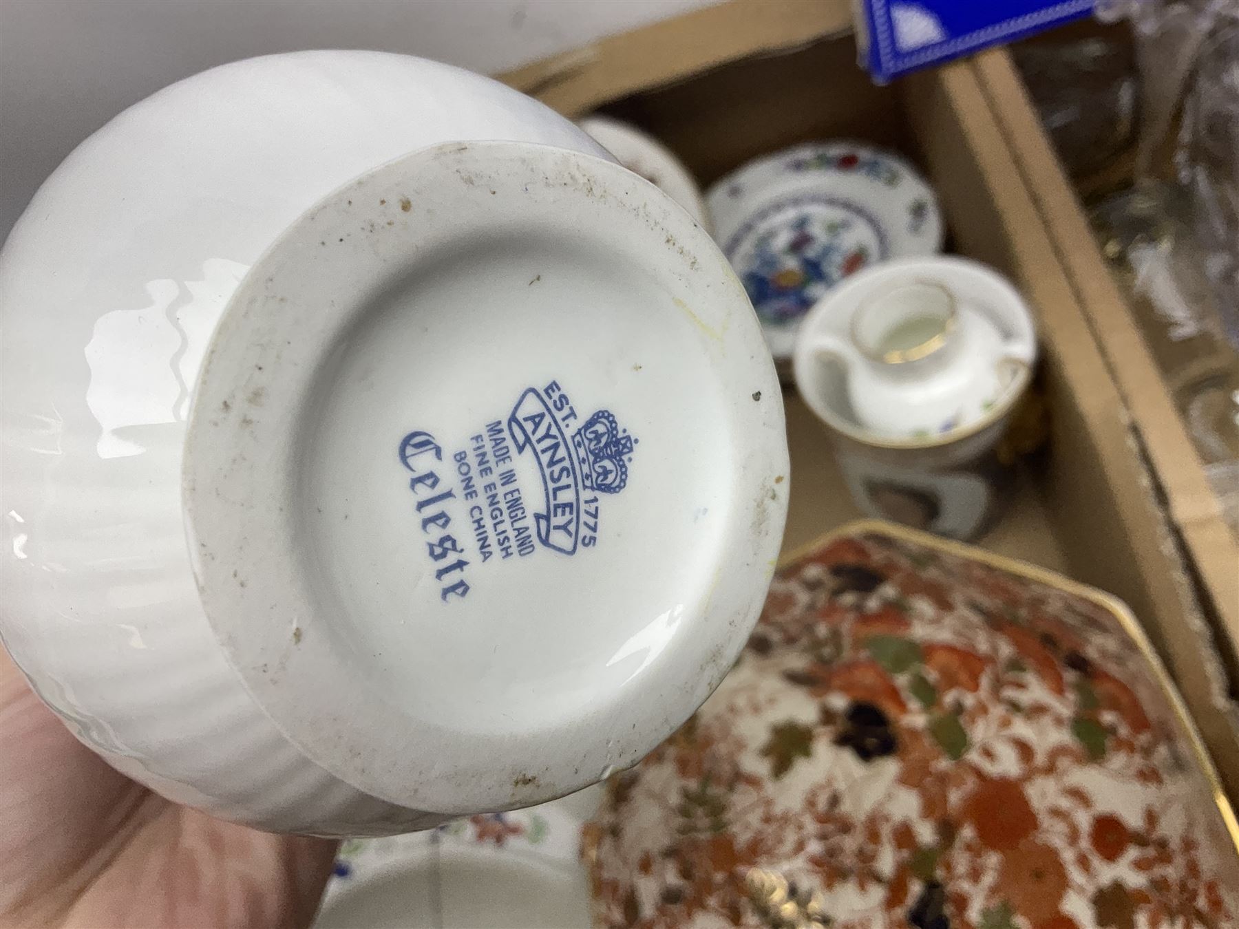 Large Coalport bowl in Hong Kong pattern, together with Coalport mask-head jug, Baccarat glass vase, and other glassware and ceramics, in three boxes 