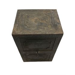 Early 19th century cast iron safe strong box, with key, two internal drawers