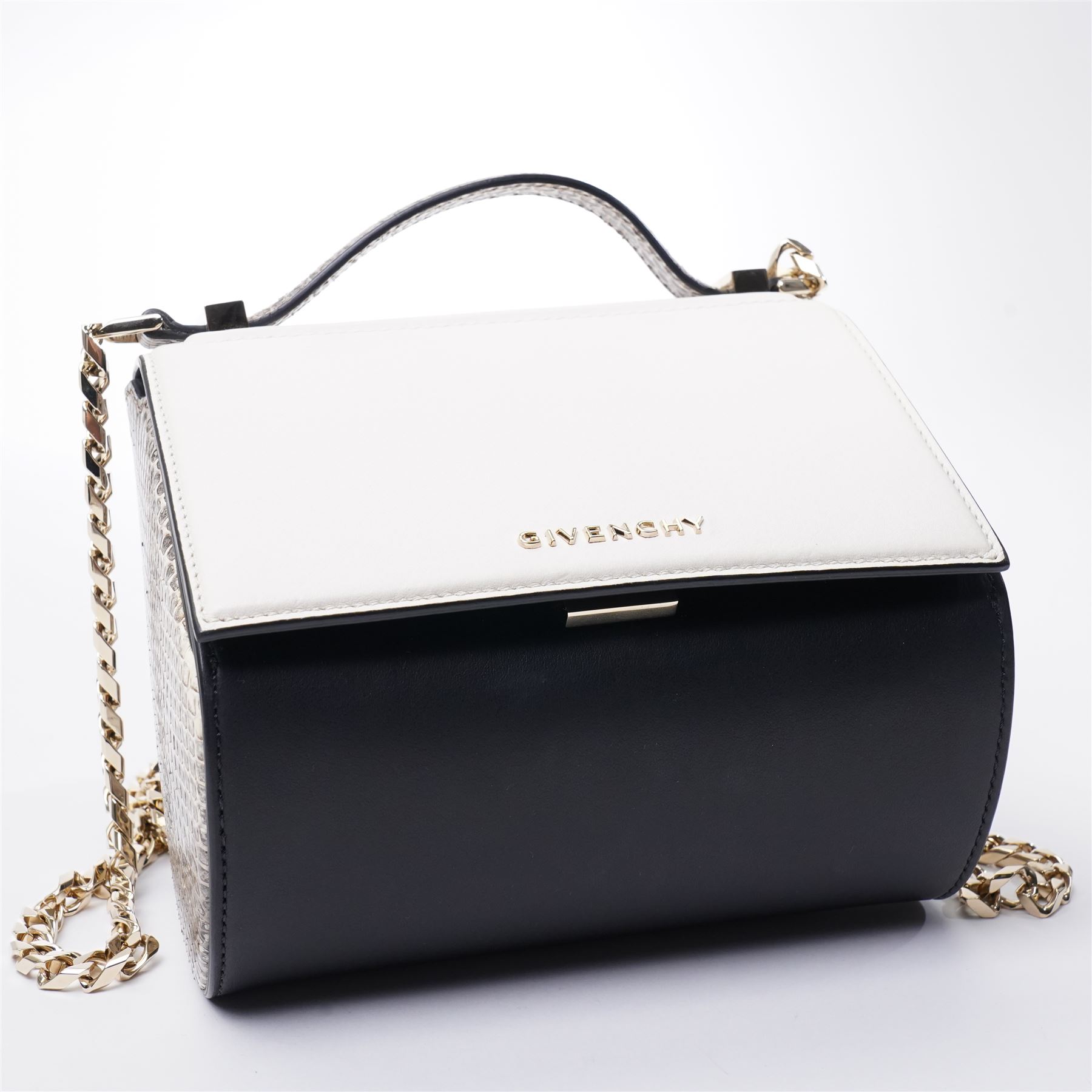 Givenchy - ‘Pandora Box’ Mini Bag, introduced circa 2016, in white and black leather with contrasting python side panels and top handle, with gold-tone shoulder or crossbody chain strap and hardware, unused with original dust bag