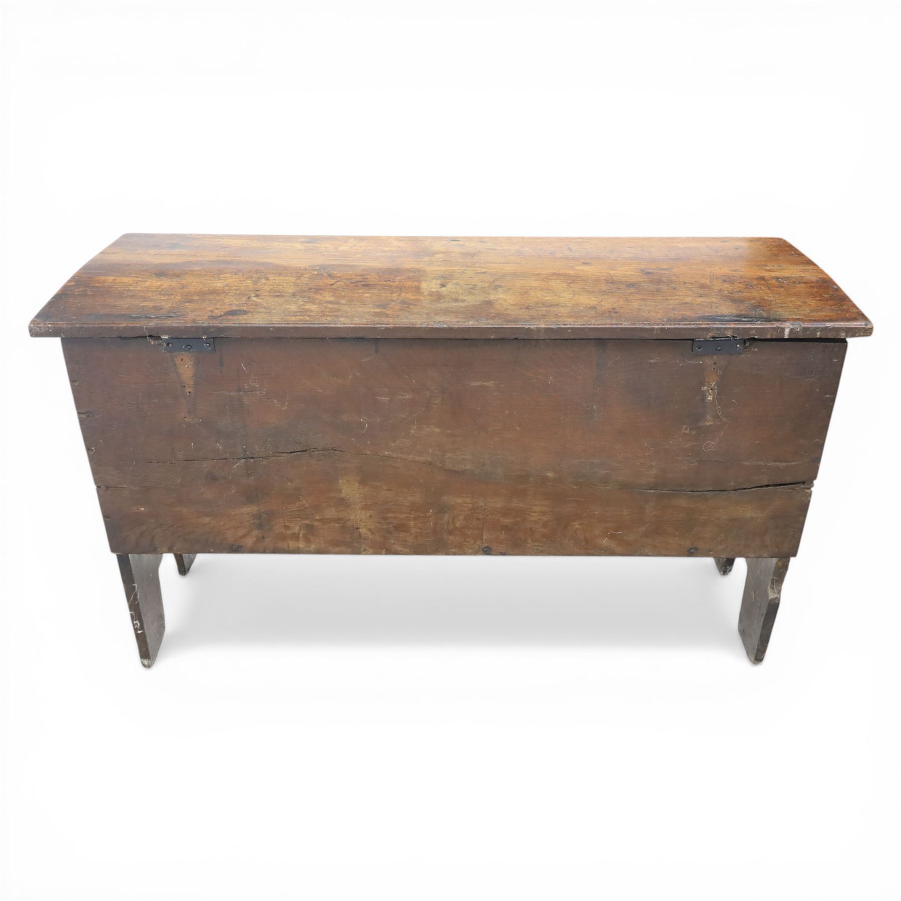18th century oak coffer, with patinaed plank top, with iron strap hinges and latch 