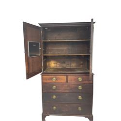George III oak linen press, projecting cornice with dentil moulding over two panelled doors enclosing two adjustable shelves, fitted with two short over three long drawers, raised on bracket feet