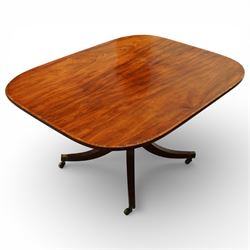 Regency figured mahogany breakfast table, figured rectangular tilt-top with rounded corners and rosewood banding, on turned column with four out-splayed supports with brass cups and castors 