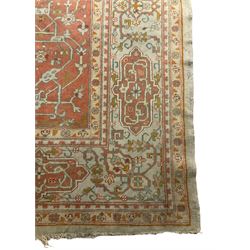 Large Persian pale sage ground carpet, the field decorated with central geometric medallion and tree of life motifs, the border with repeating geometric design decorated with stylised plant motifs