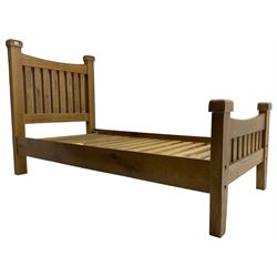  Contemporary solid light oak single bedstead, slatted headboard and footboard, raised on square supports