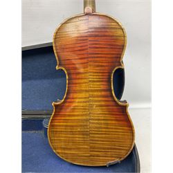 Late 19th century French three-quarter size 'Conservatory' violin with 34cm two-piece maple back and ribs and spruce top, the peg box inscribed 'Conservatory Violin Straduari', bears label 'Antonius Stradiuarius Cremonensis Faciebat Anno 1721' L55.5cm overall; in ebonised wooden 'coffin' case
