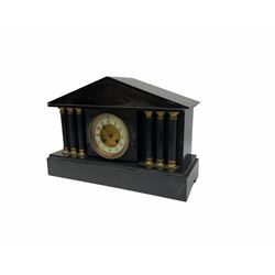Early 20th century Belgium slate mantle clock with an eight-day French rack striking movement striking the hours and half-hours on a coiled gong, dial with an enamel chapter ring and a gilt recessed centre, hours in upright Arabic numerals and minute markers with steel spade hands, brass bezel and bevelled glass, Greek architectural case with an incised plinth, recessed fluted columns and brass capitals supporting an architectural pediment with incised decoration to the tympanum.  With pendulum.