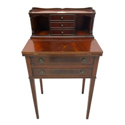 Late 20th century mahogany writing desk, raised back with three small drawers, fold-over top with green leather inset, fitted with two long cock-beaded drawers, on square tapering supports