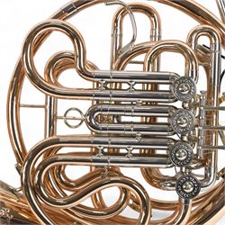 Paxman-Model 25L  French Horn, serial No 3015T. with a fixed bell incorporating the Merewether system of Horn design, in a  yellow lacquered finish with nickel silver valve casings, with Denis Wick precision mute, padded soft carrying case and carrying strap