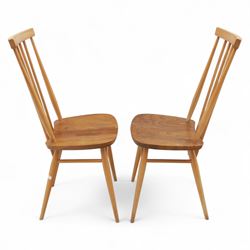 Ercol - Pair of high back Windsor kitchen chairs, elm seats with beech stick backs and legs, shaped saddle seats and turned stretchers