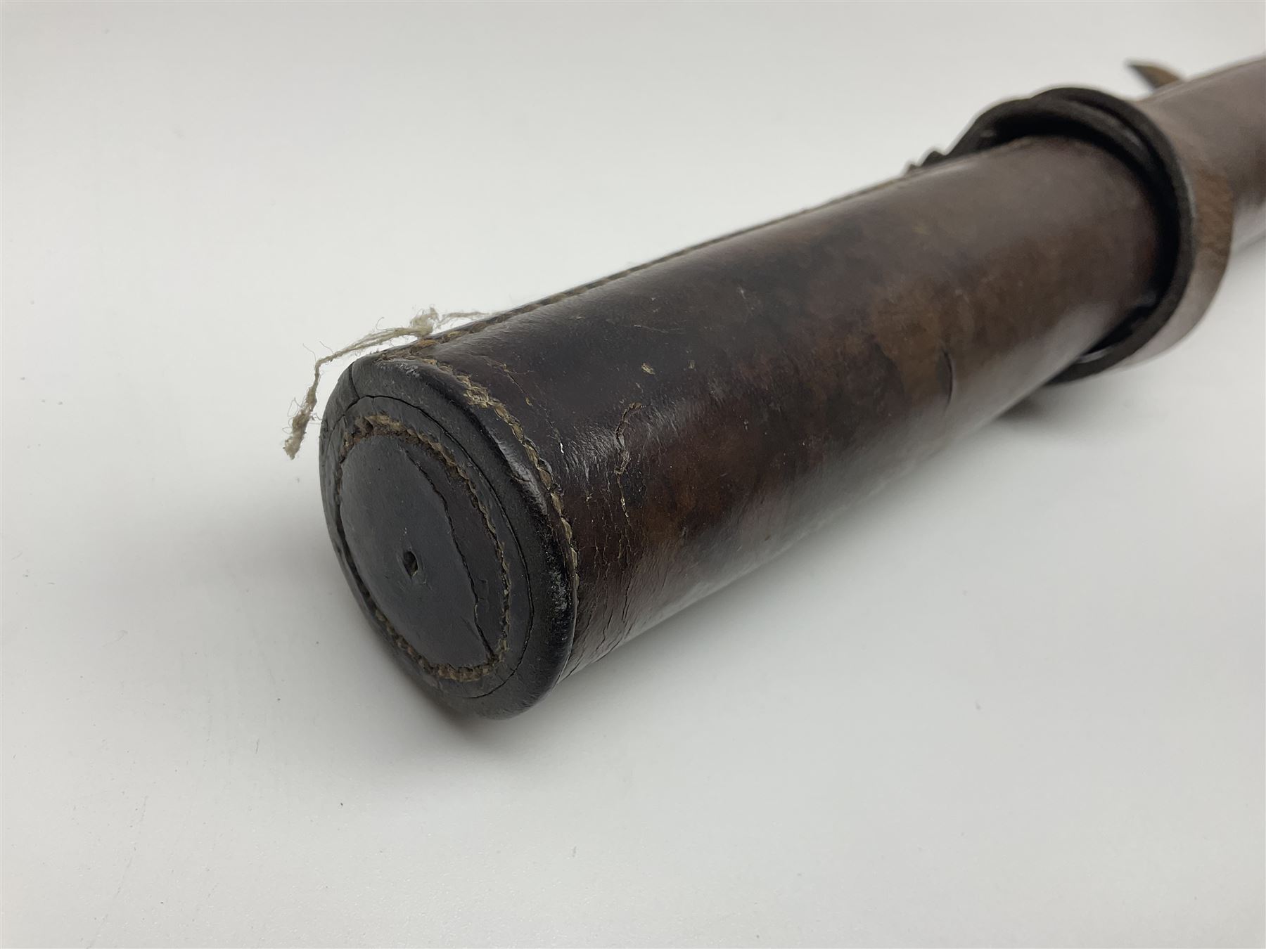 19th century telescopic hunting horn, the bell engraved 'The Beaufort', with makers mark Kohler & Son, makers, 61 Victoria Street, Westminster (from Covent garden) London, in a leather sheath, horn full extended L91cm 