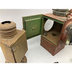 Collection of cast iron lamps, predominantly railway and coach examples, to include John Phillips Light of London Lamp Co coach lamp and Lito bicycle lamp by Miller & Co of Birmingham, etc