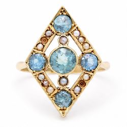 Early 20th century gold blue stone and split pearl diamond shaped ring, five milgrain set ...