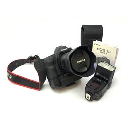 Canon EOS 5D camera body with Canon 'BG-E6' battery grip, Canon 'Speedlite 580EXII' flash and Canon lens 'Canon Zoom Lens EF 24-105mm 1:4 L IS USM' with Canon EOS 5D Mark II instruction manual