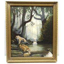 Bruce Dobson (British 20th century): Tigers Watering, oil on canvas signed 60cm x 50cm