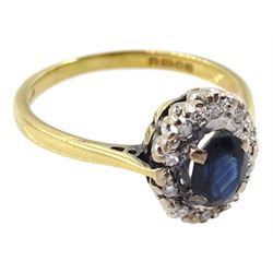 18ct gold oval sapphire and diamond cluster ring, hallmarked