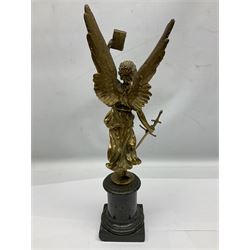 After Oswald Schimmelpfennig (German, 1872-1939): Pair of gilt bronze winged Allegorical female figures, the first example with arm outstretched holding a branch, signed 'Schimmelpfennig 1900', the second with arm raised above her head holding a book and sword in the other, both raised upon marble plinths, H45cm