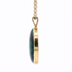9ct gold azurite pendant necklace, bezel set oval cut azurite, on a gold belcher link chain necklace