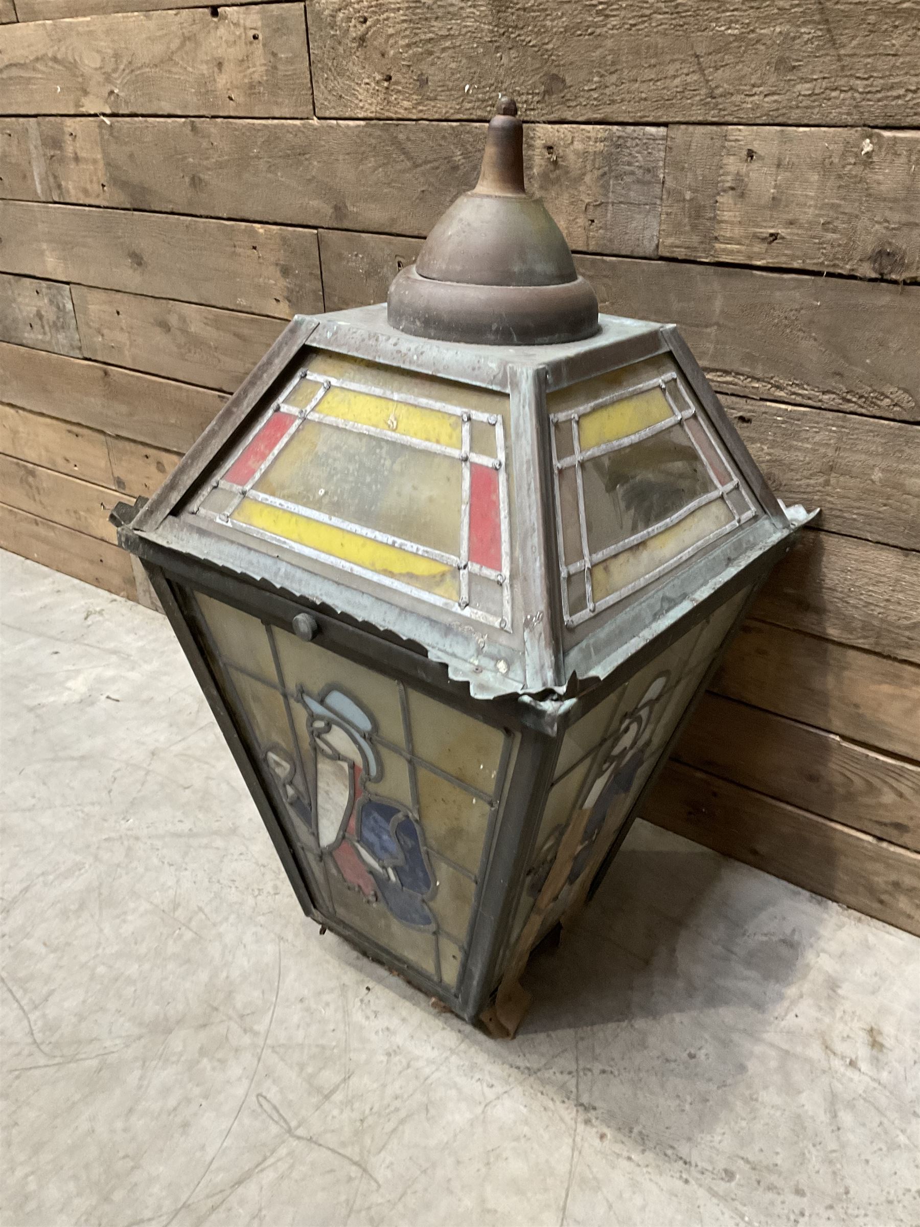 William Younger copper pub advertising lantern with stained glass panels, H75cm