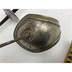 Reproduction Japanese katana with 63cm slightly curving fullered steel blade, ornate tsuba, cord bound grip and gilt transferred black saya L92cm; and two fencing foils, one marked Leon Paul (3)