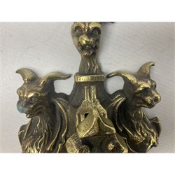 Gothic style cast brass door knocker, modelled with the Greek three-headed hell hound Cerberus on Rococo style base with central knocker of tear drop above Hades, God of the underworld, L29cm