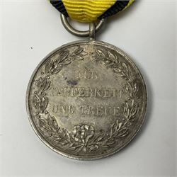 WWII German Iron Cross 2nd Class with ribbon; WWI German Wuerttemberg Medal with ribbon; and Day Badge for 1934 marked Reichsverband Pforzheim32 (3)