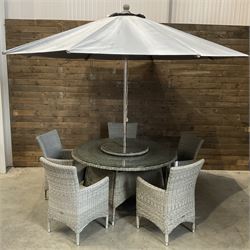 LeisureGrow circular rattan garden table, with lazy Susan, five armchairs with cushions, parasol and weighted base, with glass tops