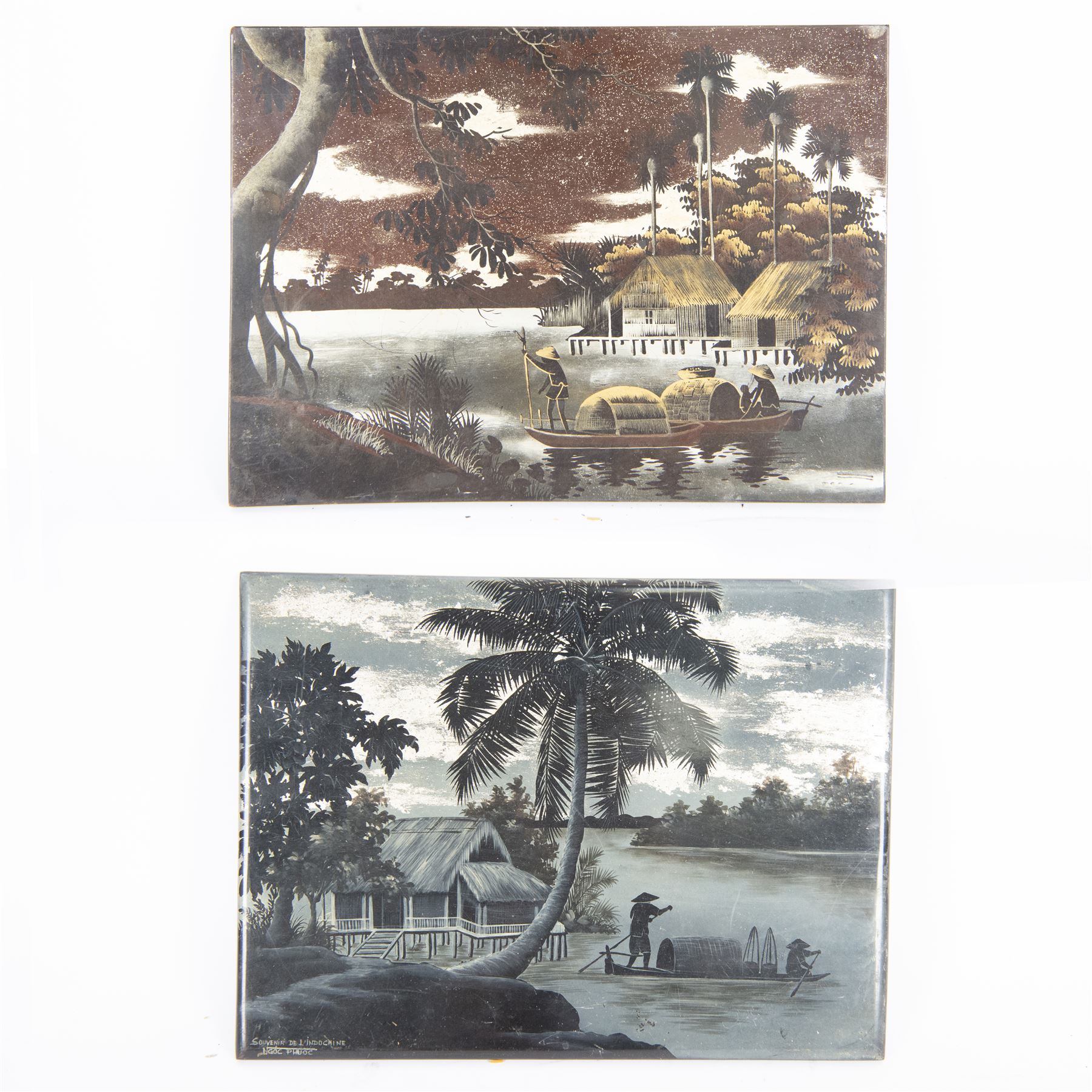 Two French Indochinese period paintings on wood, depicting riverscapes, together with French Indochinese poster, circa 1947-58, paintings H30cm, L40cm