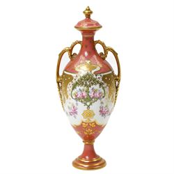 Early 20th century Royal Crown Derby vase and cover, of slender form, the pompadour pink g...
