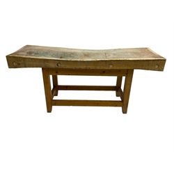 Late 19th to early 20th century maple butchers block on pine base 
