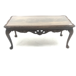 Mid century mahogany glass top coffee table, acanthus carved cabriole legs, pad feet, W107cm, H45cm, D49cm