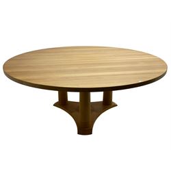 Chris Berry for Berrydesign - contemporary bespoke solid light oak dining table, circular top over ring turned triple pedestal with triform base