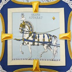 Hermes 'Grand Apparat' silk scarf in navy blue colourway, designed by Jacques Eudel, 90cm x 90cm 