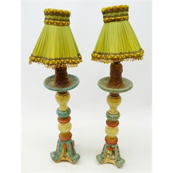  Pair of polychrome painted Table Lamps, on scroll carved bases, with shades, H55cm (2)  
