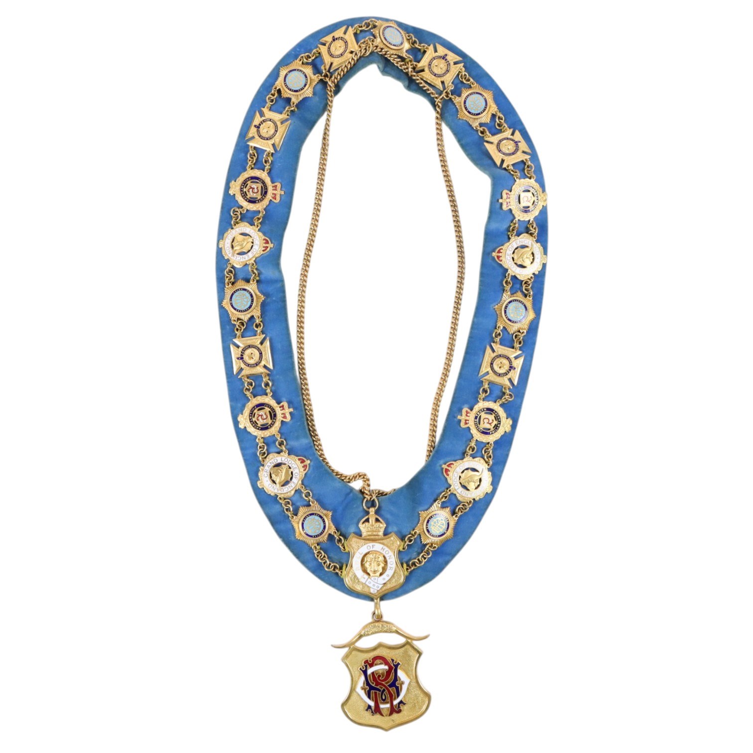 Masonic jewels, including six silver examples, hallmarked, with gavel, RAOB cuffs, apron and chain of office, in leather case with gilt initials