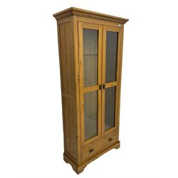 Oak display two door bookcase display cabinet, with drawer, illuminated interior