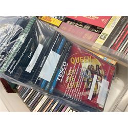 Large collection of VHS tapes, DVDS, CDs to include Queen, James Bond 007, Batman etc, in three boxes