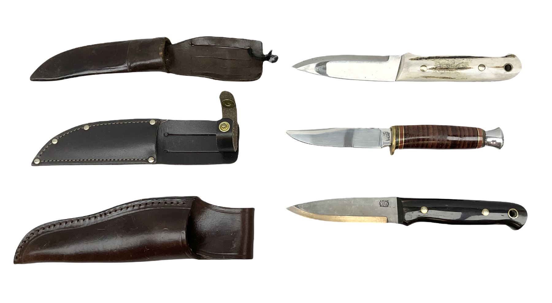 Three hunting knives, each blade marked A. Wright & Sons Sheffield, one with leather handle, one with horn handle and one with antler handle; each with leather sheath (3)